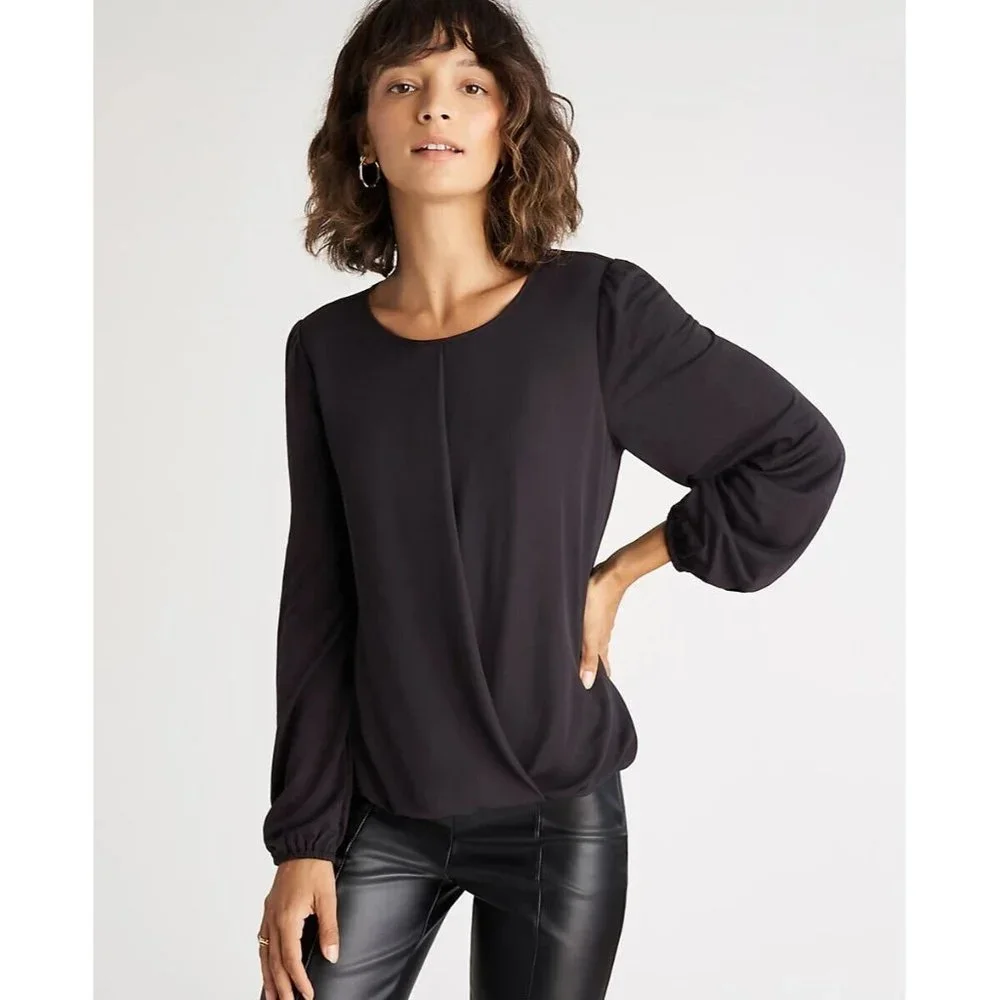 Ann Taylor Blouse Mixed Media Bubble Hem Black Long Sleeve NWT
